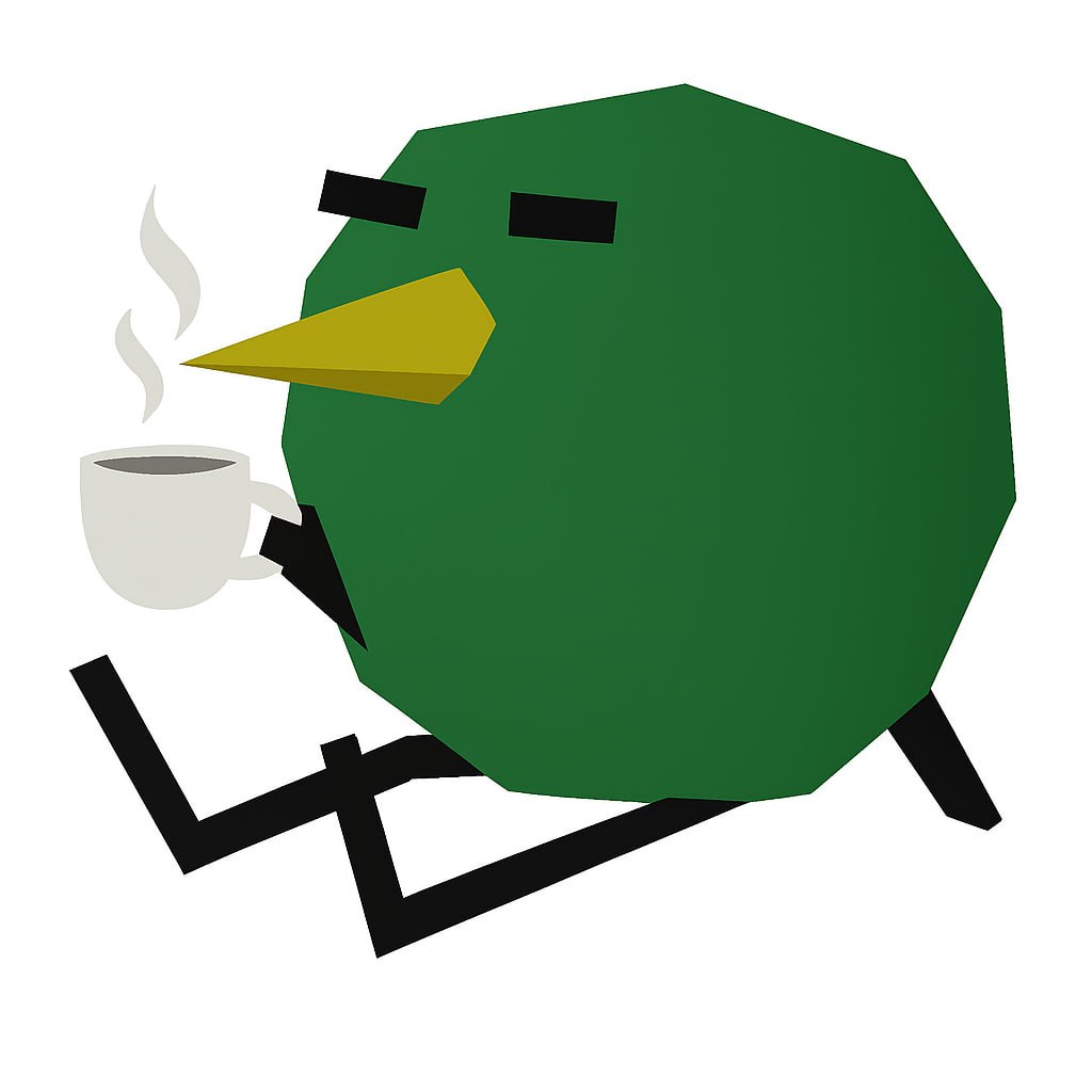 Burd sitting in chair with coffee cup